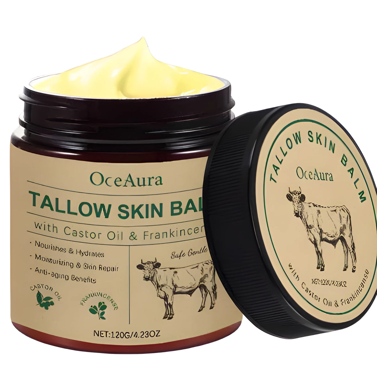 Jar of Cow Fat Moisturising Cream, 120g net weight, with cream visible.
