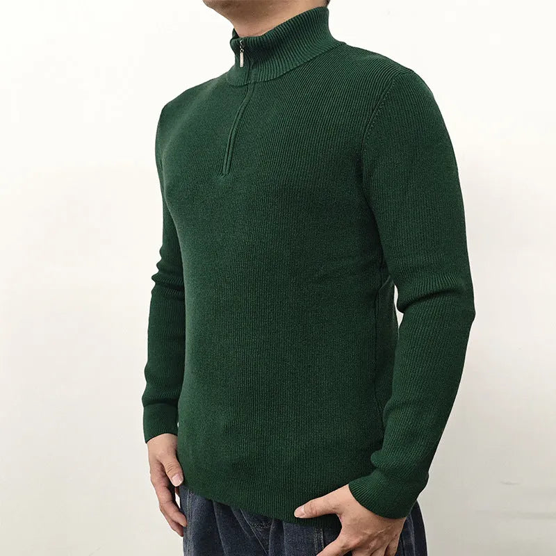 Men's black half-turtleneck zipper sweater with front zip and long sleeves, cotton-blend fabric, British style