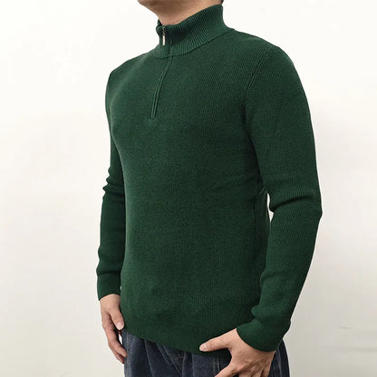 Men's black half-turtleneck zipper sweater with front zip and long sleeves, cotton-blend fabric, British style