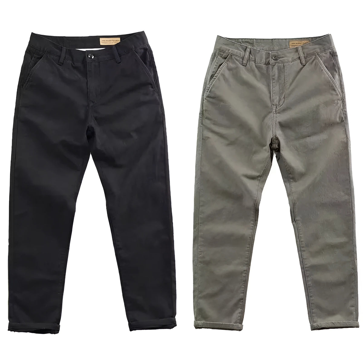 Man wearing slim fit grey micro elastic washed trousers with a straight leg cut for a business casual look.