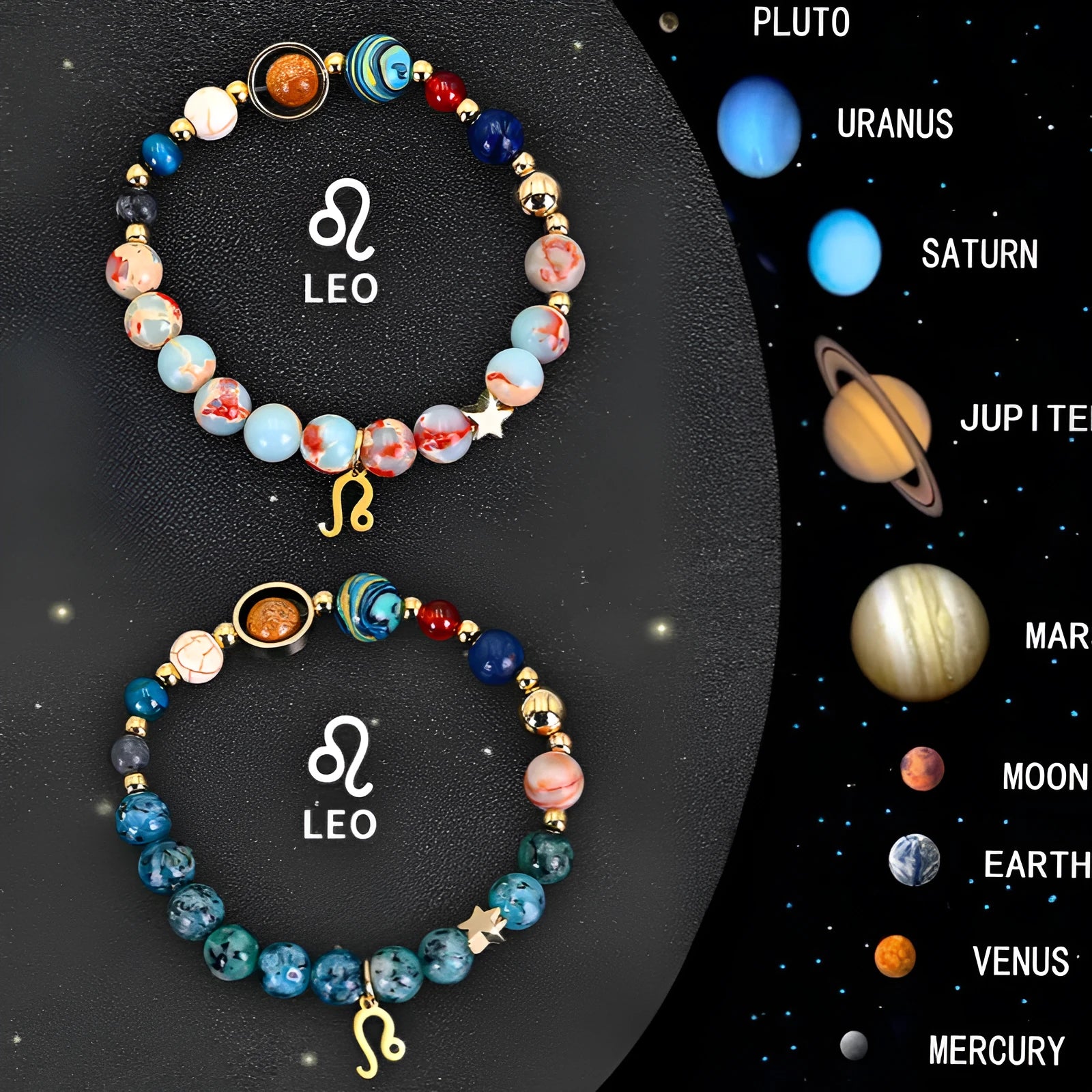 Natural stone zodiac bracelet set showing two adjustable bracelets with bead designs for astrological signs