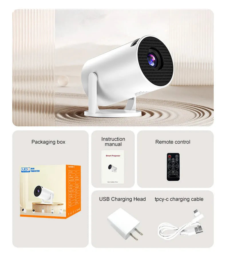White mini wireless portable projector showing 1080p HD resolution display with wireless connectivity