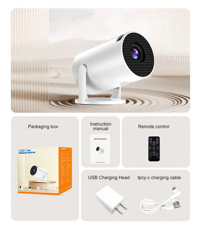 White mini wireless portable projector showing 1080p HD resolution display with wireless connectivity