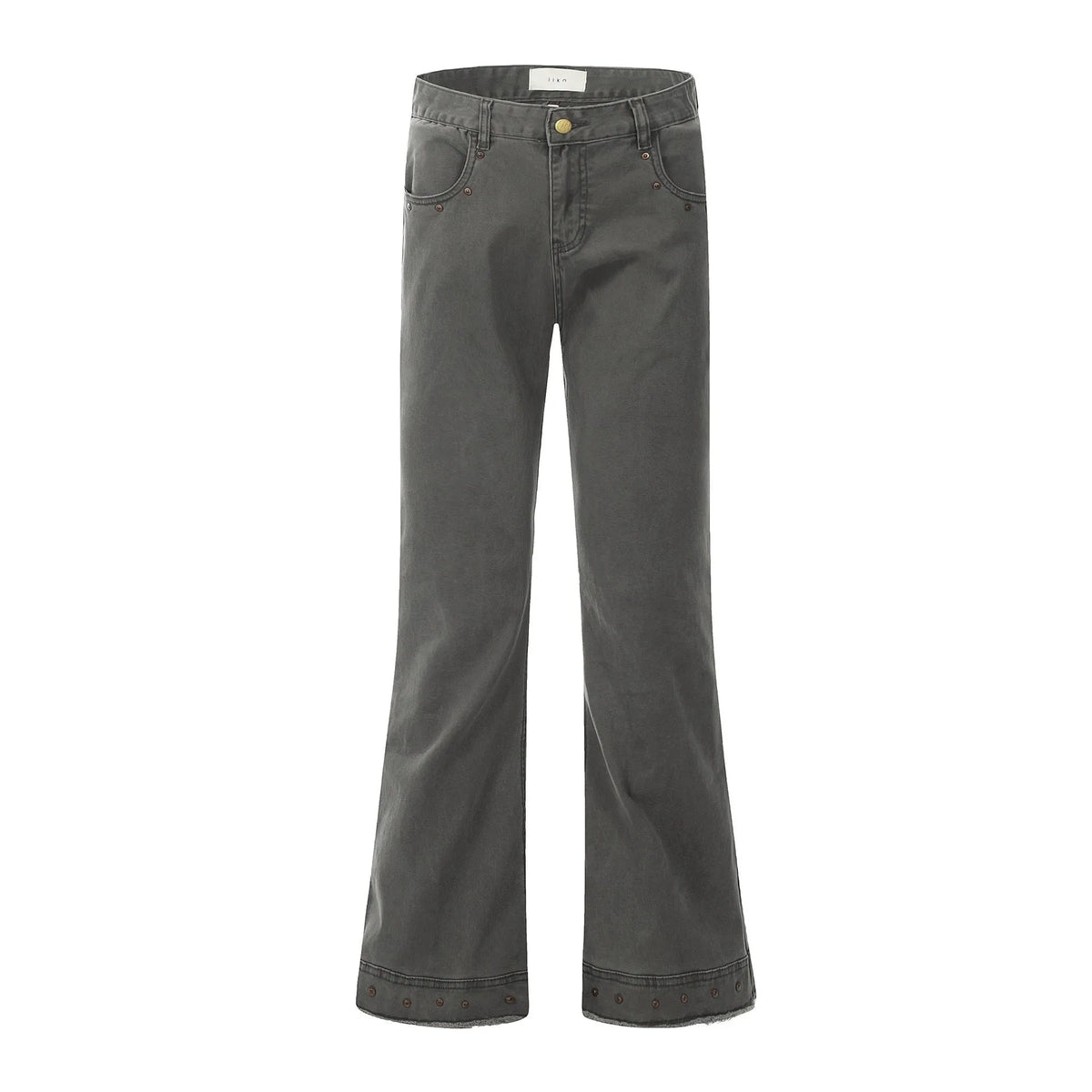 A pair of black straight-leg cotton jeans with a mid-waist fit and horn-style leg opening on a plain background.