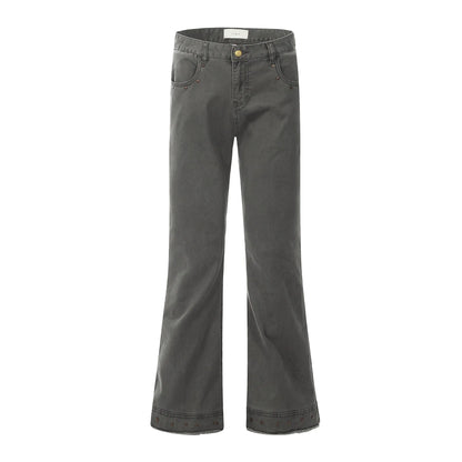 A pair of black straight-leg cotton jeans with a mid-waist fit and horn-style leg opening on a plain background.