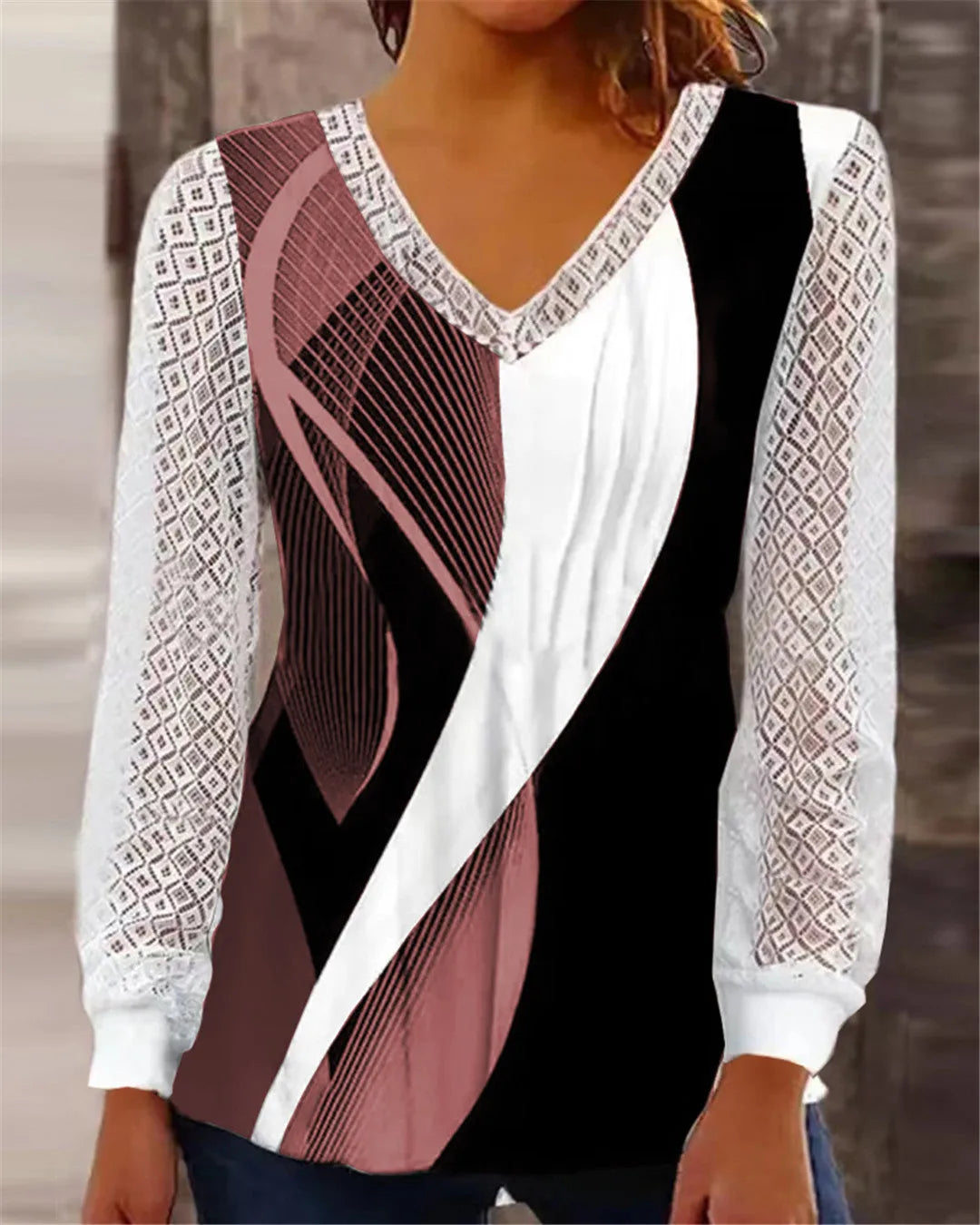 Loose V-neck women's top with hollow-out lace print in purple, wine red, grey or blue