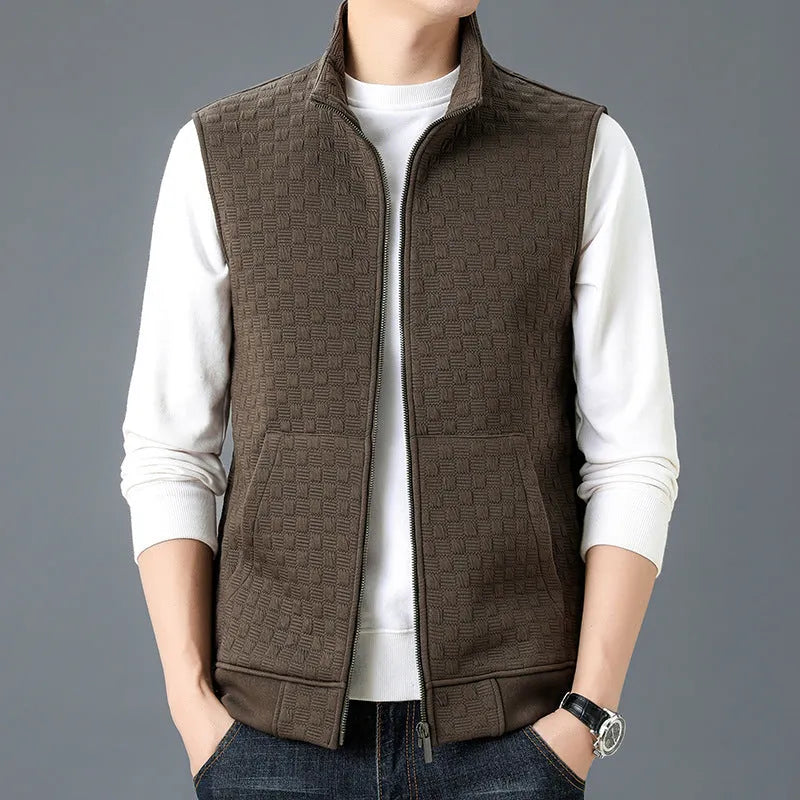 A casual sleeveless vest or waistcoat in a cardigan style, shown in a neutral colour.