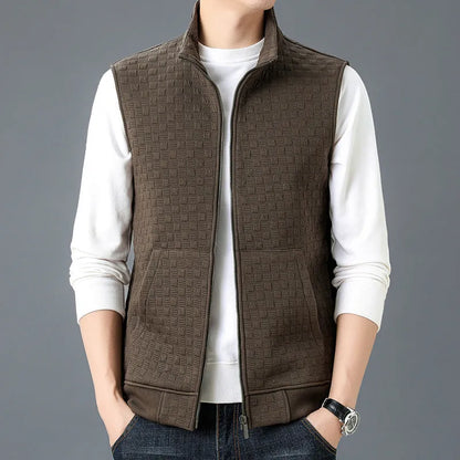 A casual sleeveless vest or waistcoat in a cardigan style, shown in a neutral colour.
