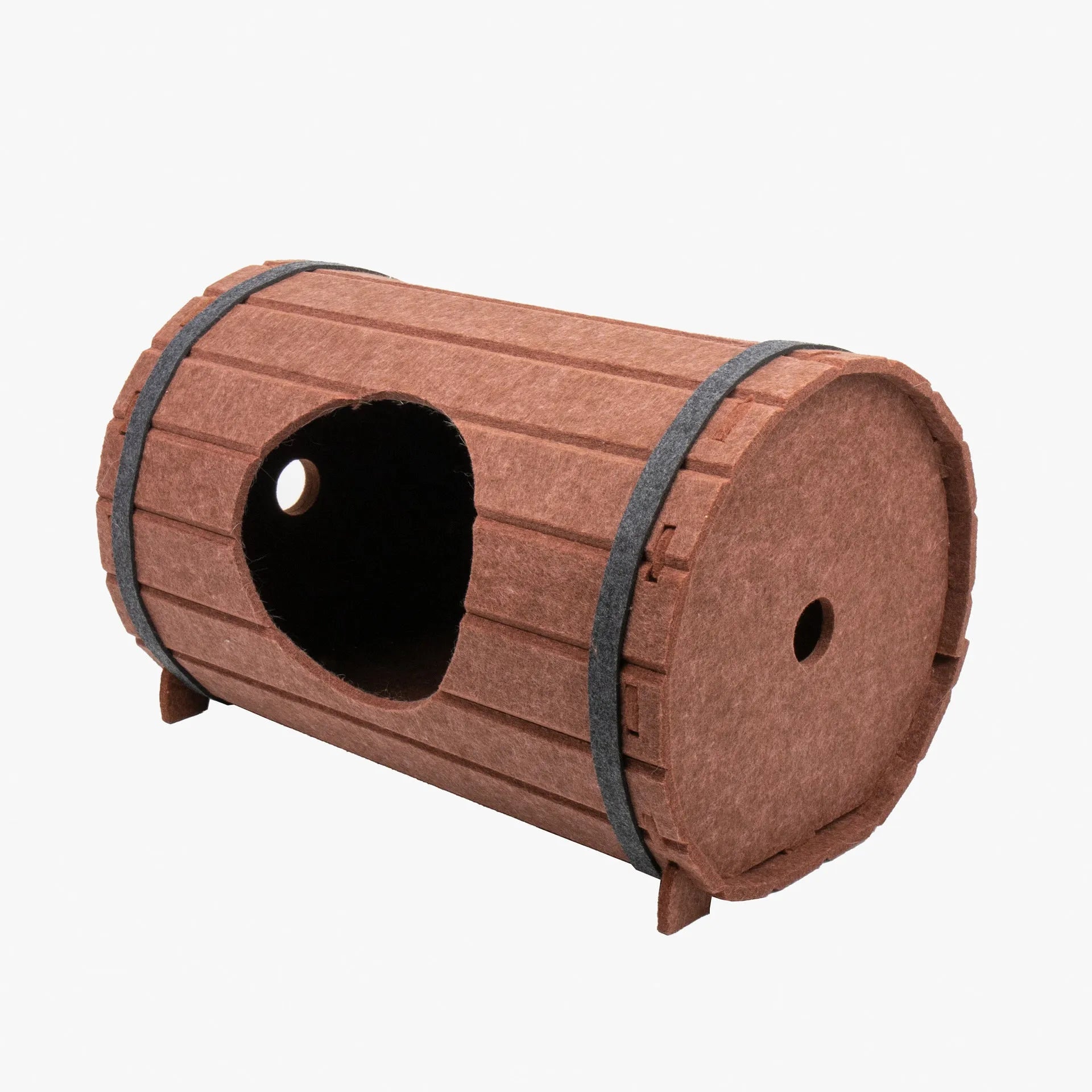 Assembled wine barrel shaped cat bed made from grey polyester felt board.