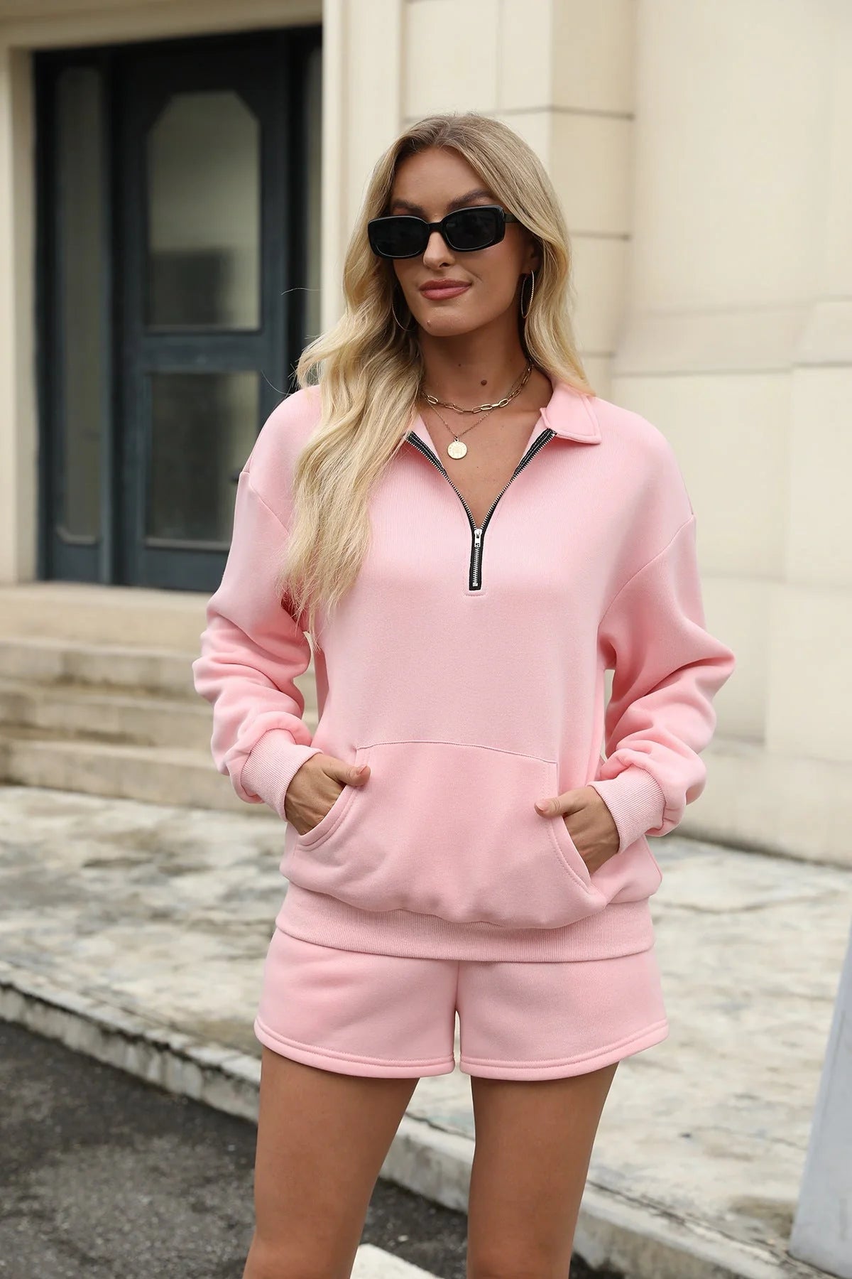 Women's casual sweatshirt suit set with lapel zipper and elastic shorts in various colours