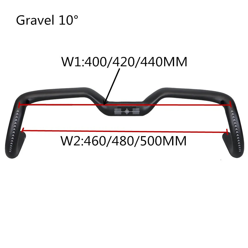 Black carbon fibre bicycle handlebar with large-angle bent outer swing design showing three width options