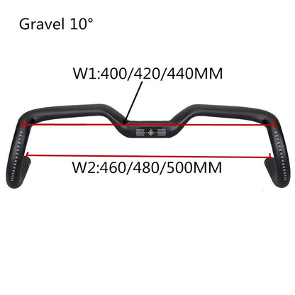 Black carbon fibre bicycle handlebar with large-angle bent outer swing design showing three width options