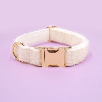 Teddy plush dog collar in white, pink, brown or military green polyester with adjustable lettering, sizes XS to XL