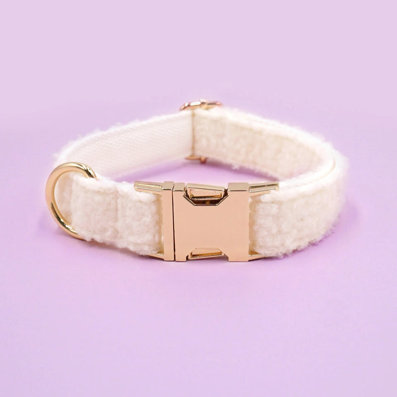Teddy Plush Pet Collar for Dogs in White Pink Brown or Military Green Polyester, Adjustable Lettering, Sizes XS S M L XL, Soft Plush Dog Collar with Personalised Lettering