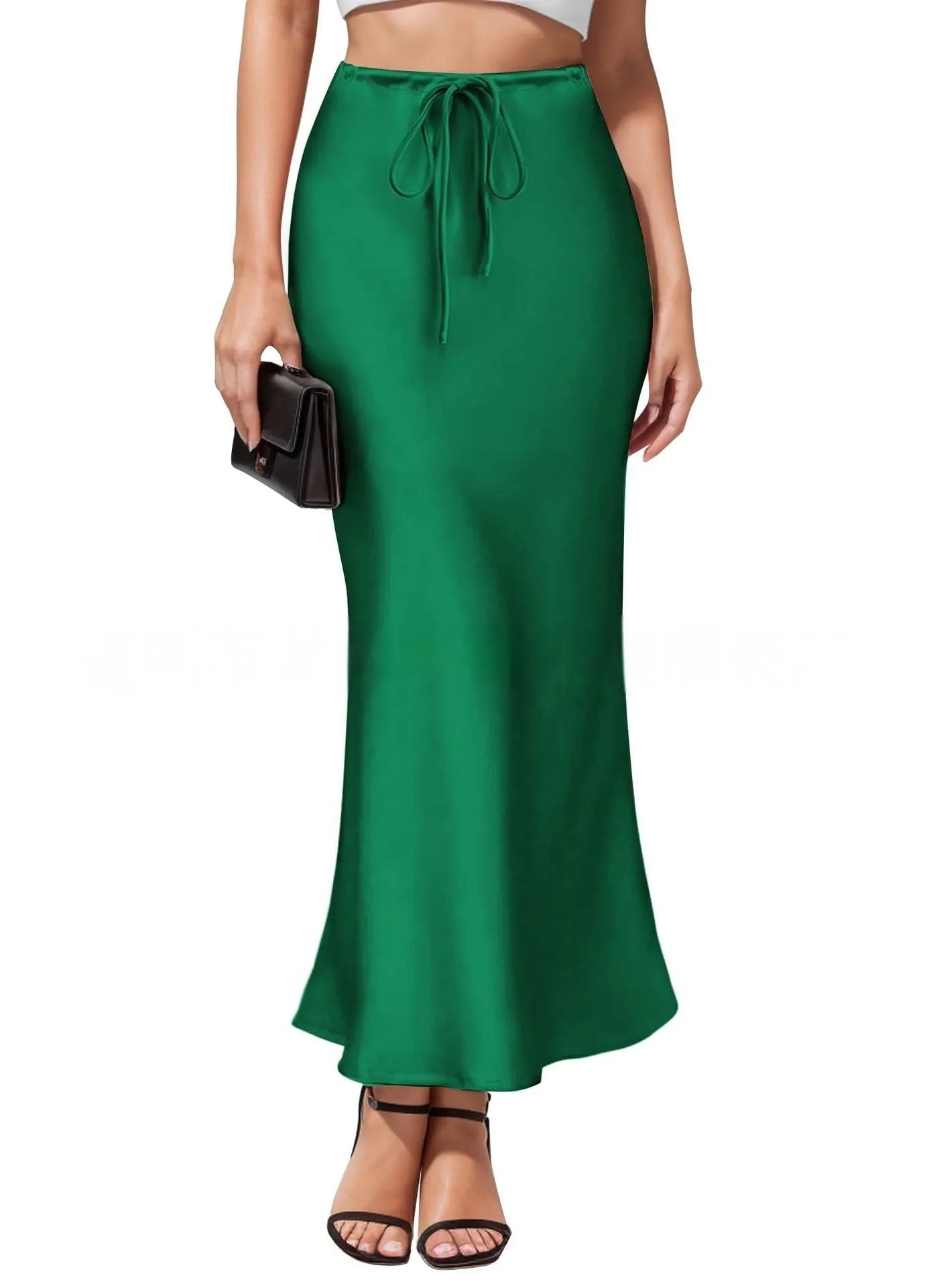 Asymmetric high waist acetate skirt with irregular stitching in multiple colour options.
