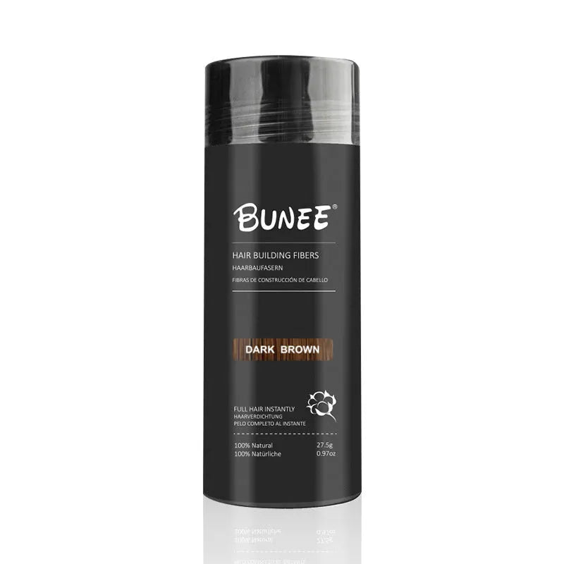 Boxed three-piece set of dense hair building fibre powder in nine colour options