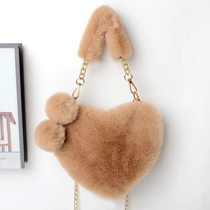 Plush heart-shaped women's handbag in medium size with removable shoulder strap