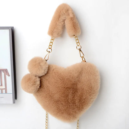Plush heart-shaped women's handbag in medium size with removable shoulder strap