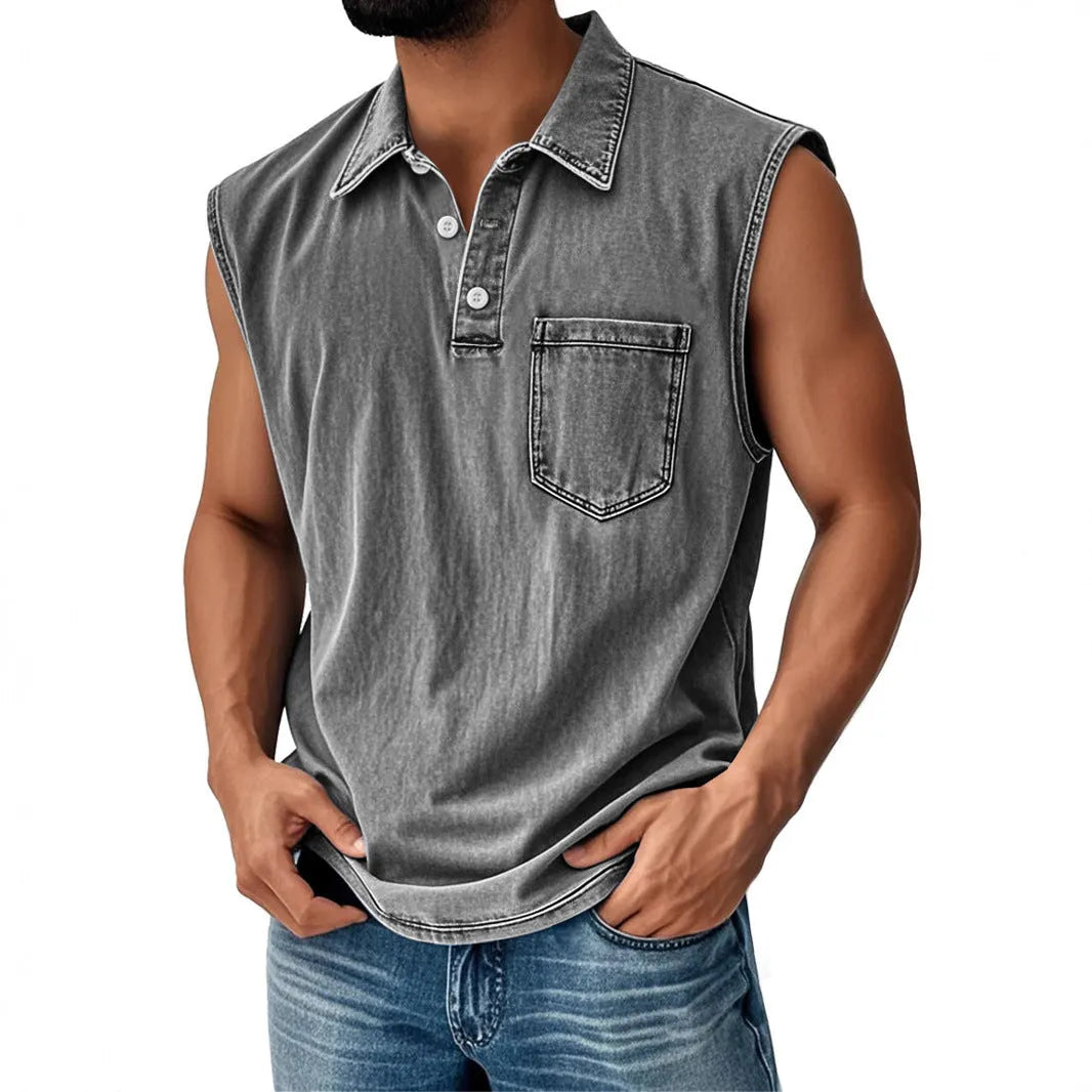 Man wearing a short-sleeve polo shirt with a colourful 3D digital print design on the front.
