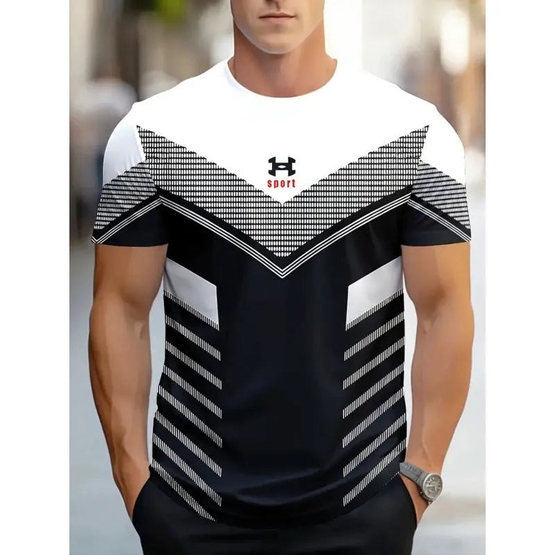 Men's loose fit digital printed T-shirt with striped pattern and short sleeves