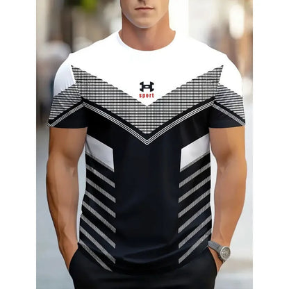 Men's loose fit digital printed T-shirt with striped pattern and short sleeves
