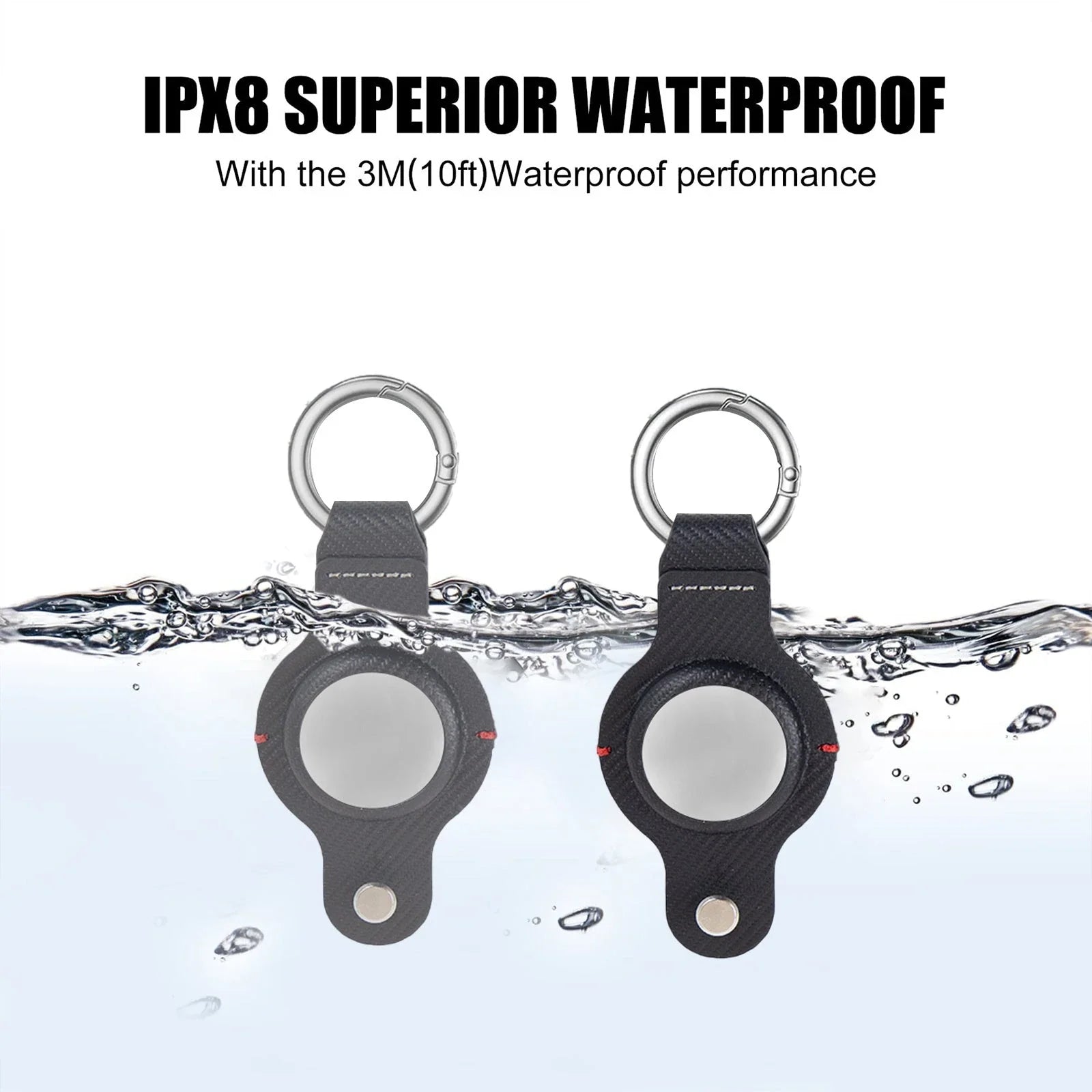 Premium PU leather AirTag keychain holder in black and grey colors for secure tracking of valuables