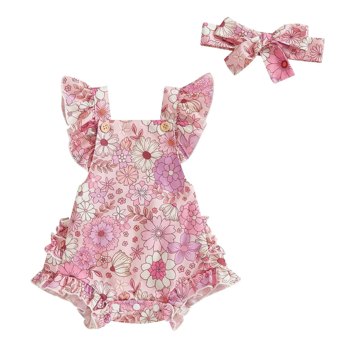 Girls floral print dress with matching headband, short sleeve pullover, available in pink, red, green, and brown, sizes 0-18 months.