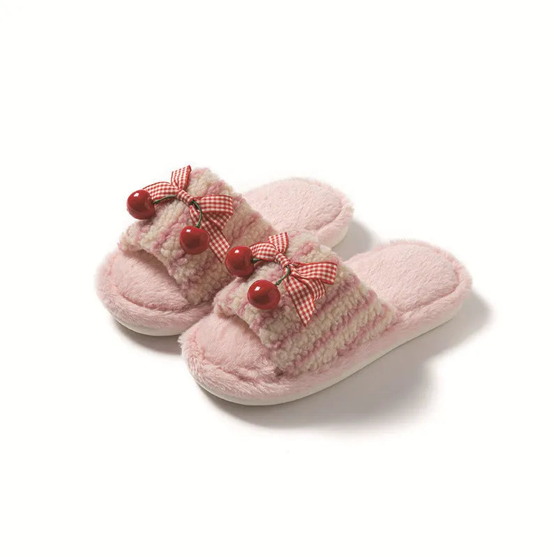 Cherry open plush slippers with contrast colour design, PVC sole, 1-3cm heel, in pink, red and blue, or rose red