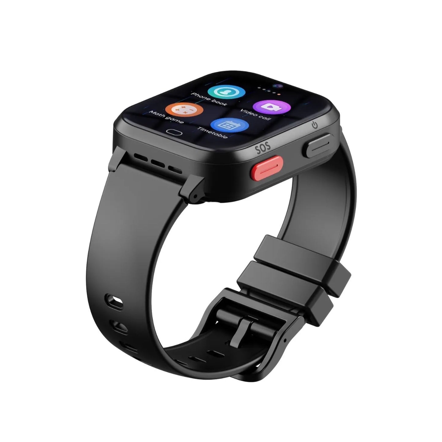 Child's smartwatch with colour screen on a wrist strap, shown in black, blue, and pink colour options.