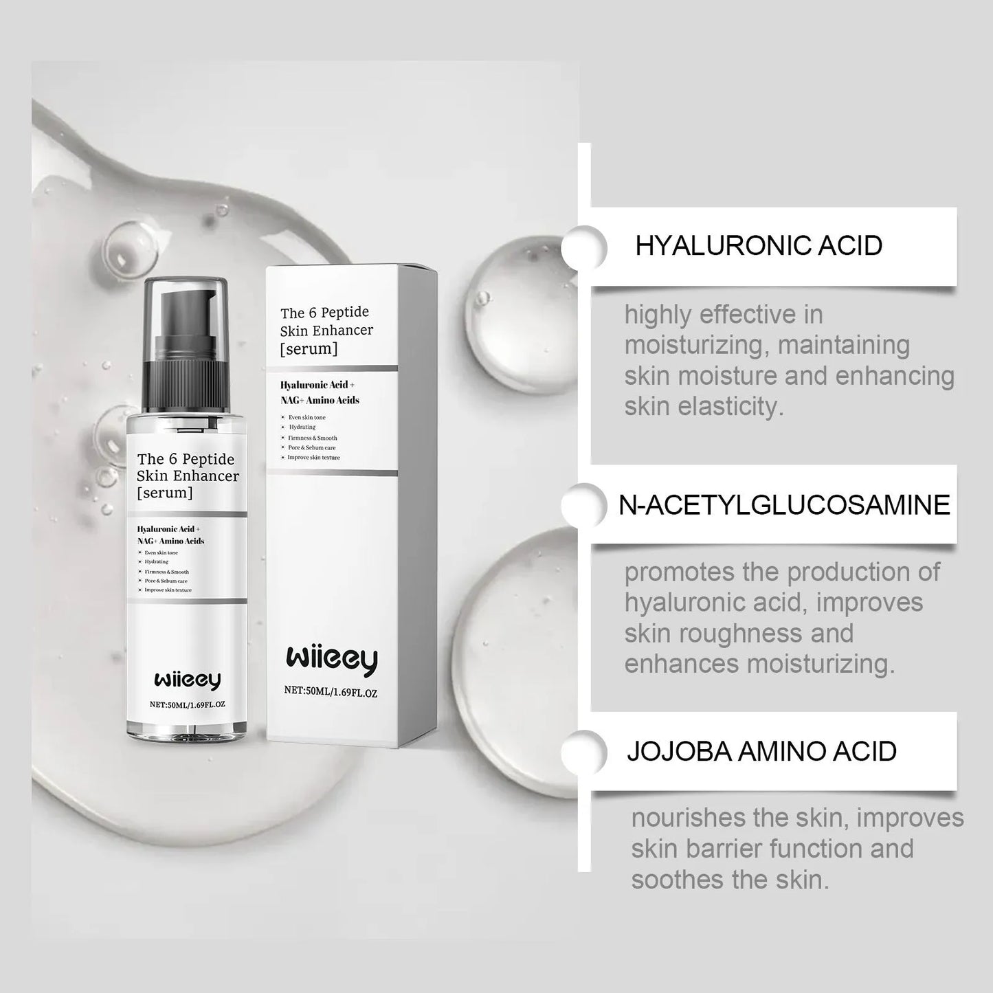 50ml bottle of skin enhancer serum with hyaluronic acid and peptide formulation