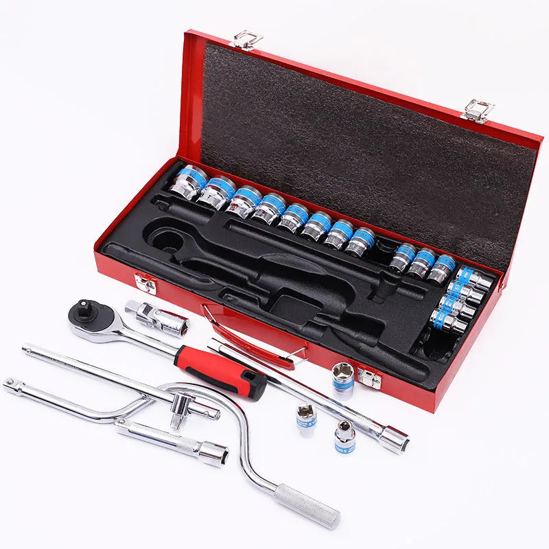 24-piece curved bow car repair wrench and socket set in storage case