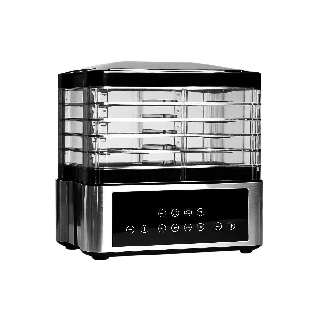 Silver stainless steel fruit dehydrator with temperature dial and 14-litre drying capacity