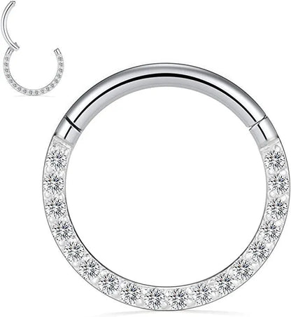 A seamless round hoop nose ring in stainless steel, shown alongside gold and rose gold colour options.