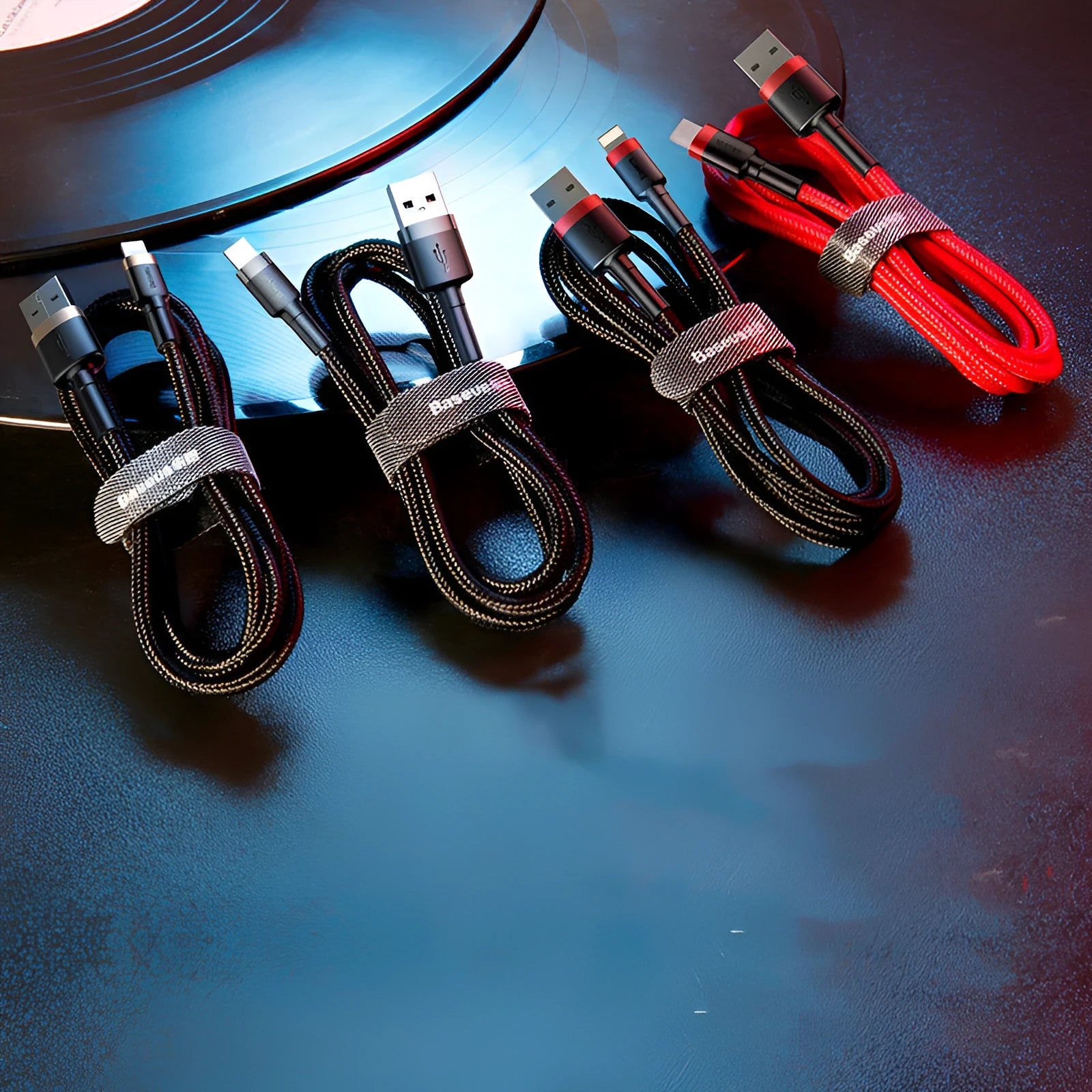 Cafule USB to Lightning charging cable for Apple iPhones in red, black, and grey colour options.