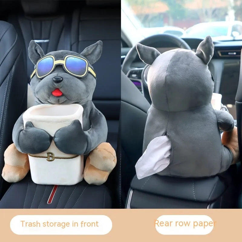 Plush fabric car tissue box organiser hanging from car armrest with flip-top design