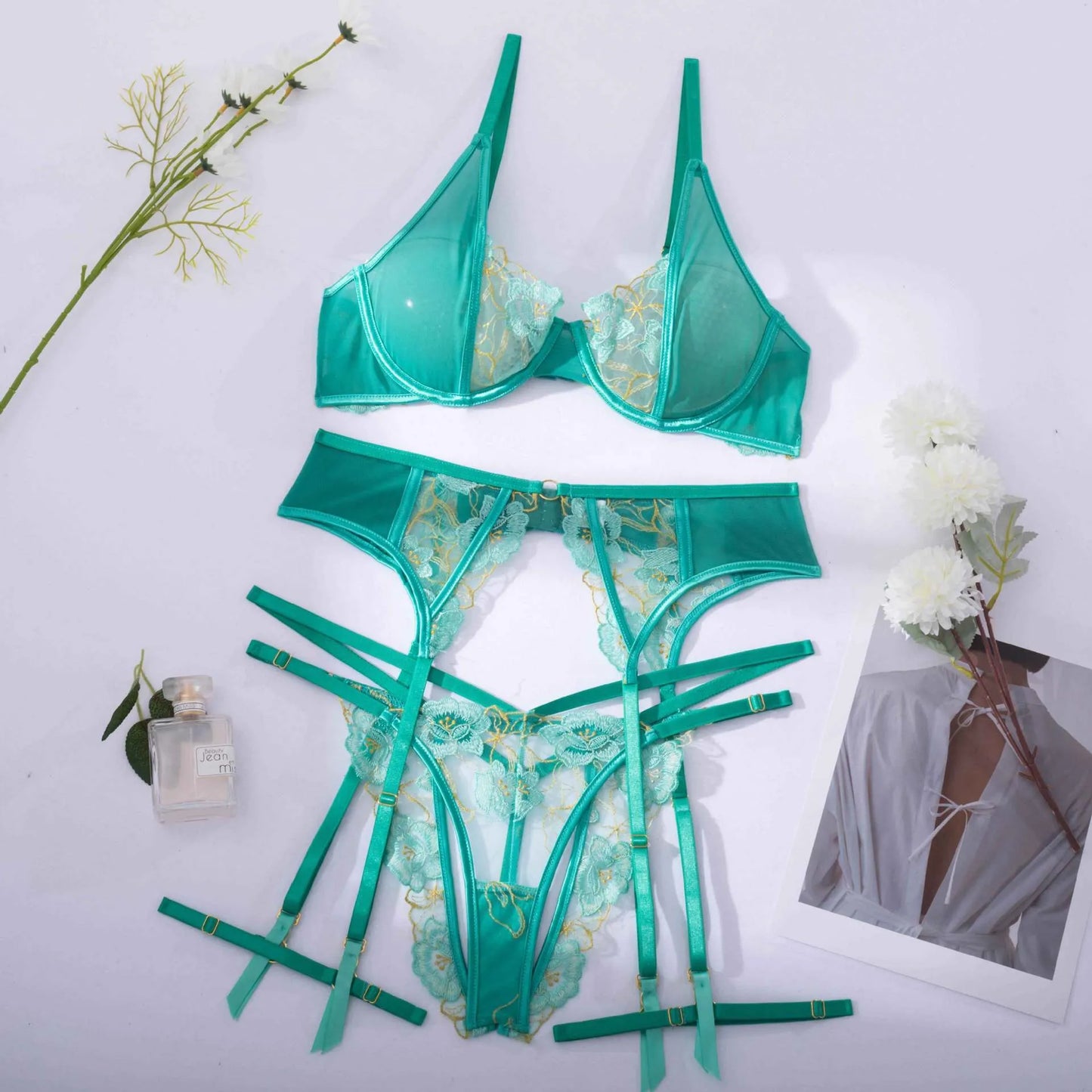 Women's light green embroidery bra set with three-point design