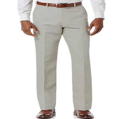 Men's beige white linen casual trousers with slant pockets laid flat