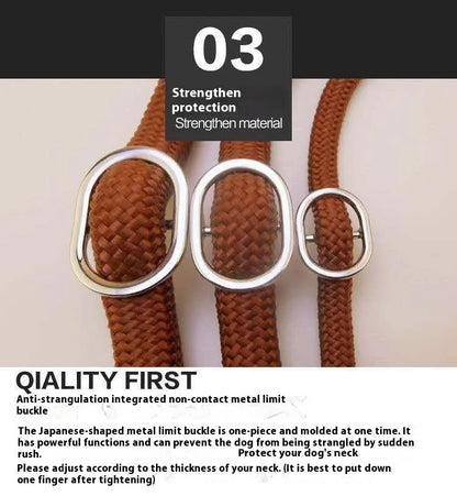 Brown nylon P chain dog leash hand holding rope showing 2.1 metre length