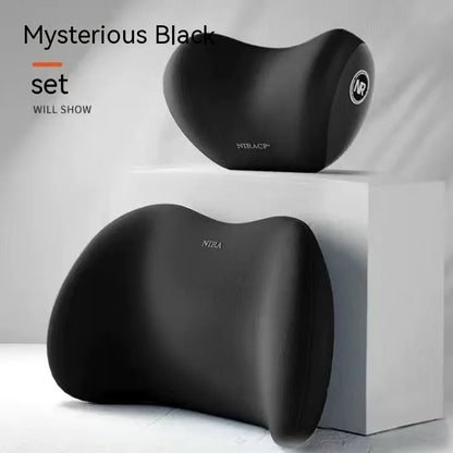 Car headrest pillow and lumbar support pillow set in a choice of five colours on a car seat.