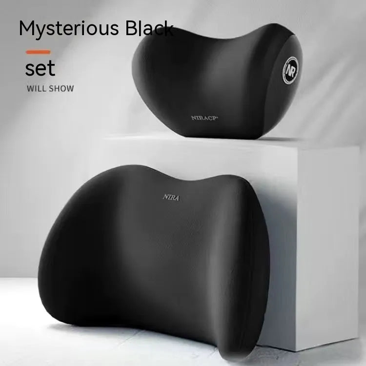 Car headrest lumbar support pillow set with memory foam filler and milk silk cover, available in black, sky blue, coffee, pink, or grey colour options for four-season use in your vehicle.