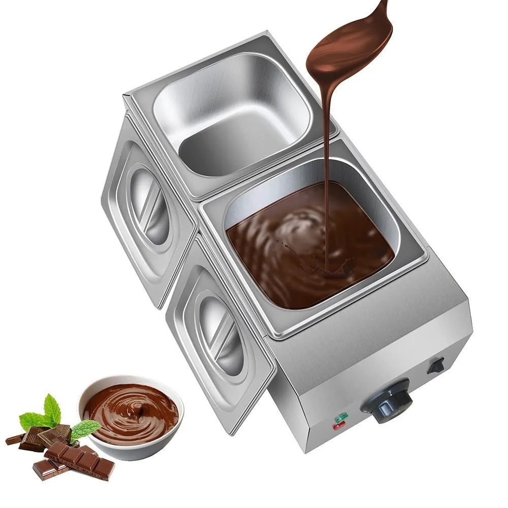 Stainless steel commercial chocolate melting machine with digital temperature display and control dial.