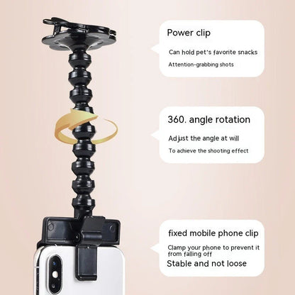 Multifunctional pet camera holder and selfie clip that securely attaches to your phone or mobile device and allows you to capture your furry friend's most playful moments with ease.