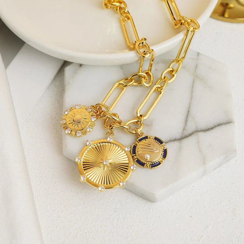 Gold sun pendant necklace with adjustable stainless steel chain