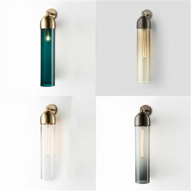 Nordic postmodern creative glass wall lamp in modern minimalist style on a living room wall.