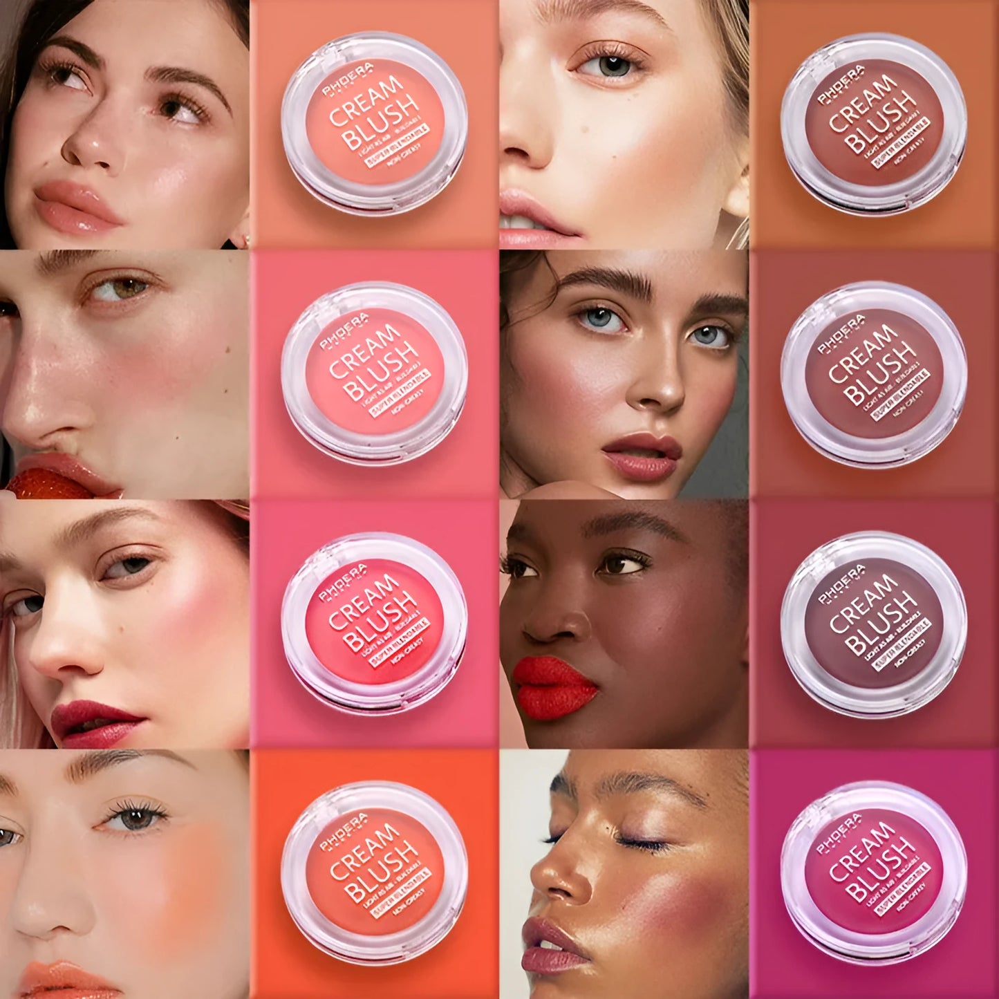 PHOERA Light and Brightening Blush Cream pot in one of eight colours: Freesia, Peach, Strawberry, Sunflower, Dusk, Sunset, Grape, or Berry.
