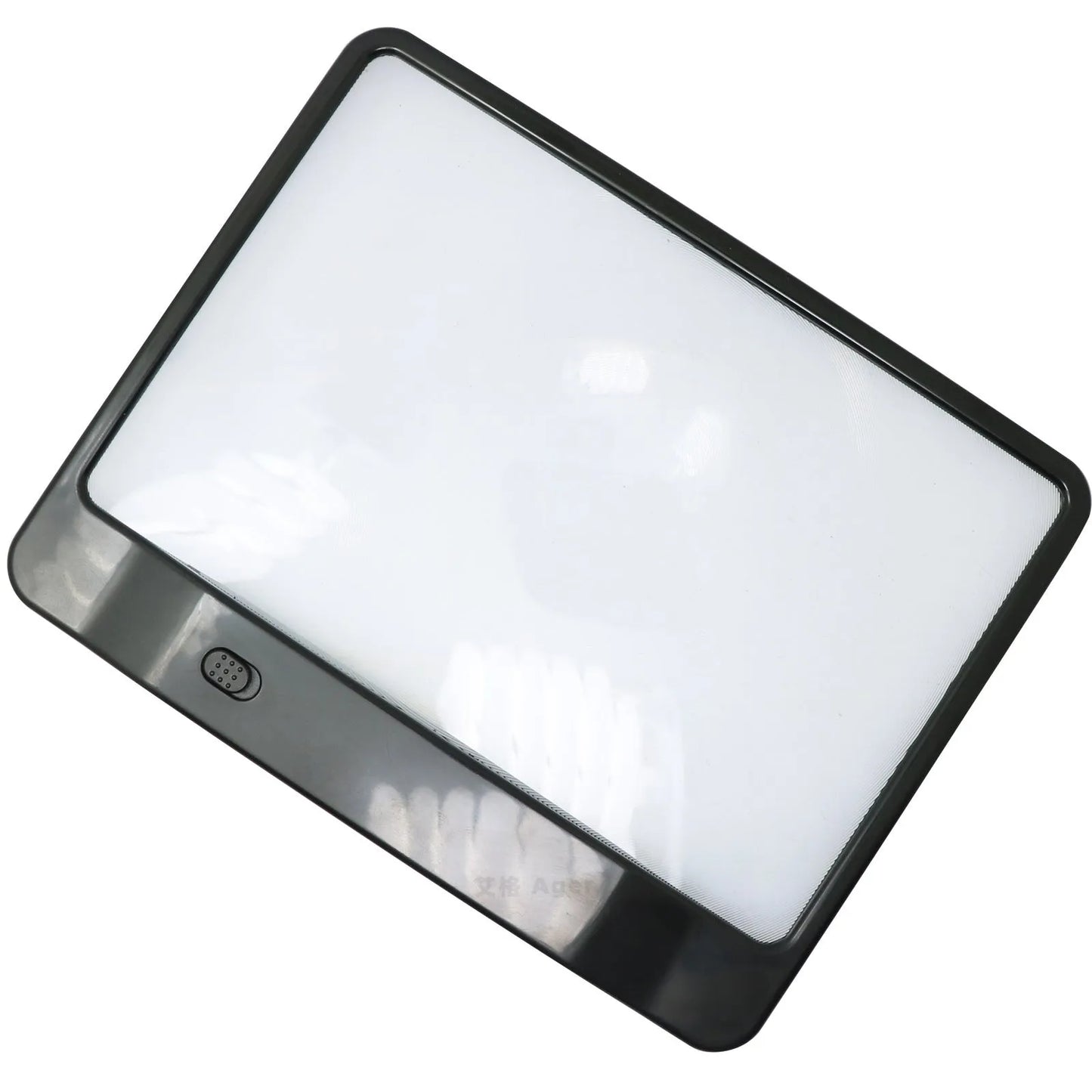 Black desktop LED magnifying glass with 3x magnification and a large 180x140mm PVC lens lit by three white LEDs.