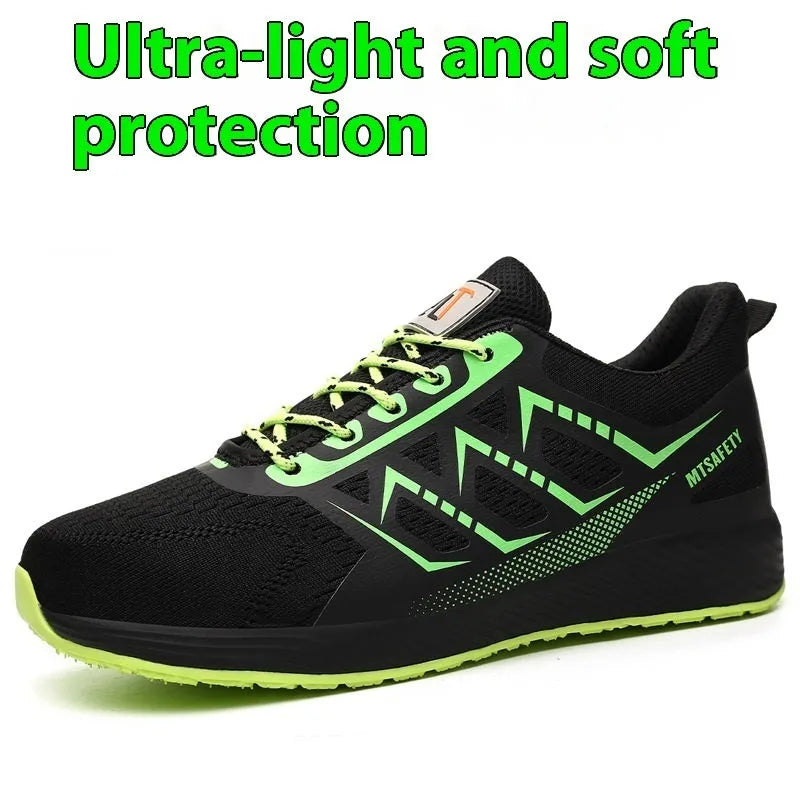 Black ultra-light labour protection shoes with steel toe cap and lace-up front closure