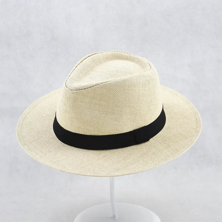 Men's flat top wide brim sun hat in paper fabric with 6-7cm brim for outdoor sun protection