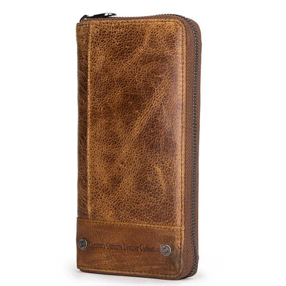 Men's brown genuine leather anti-theft wallet with zipper closure and card swiping function