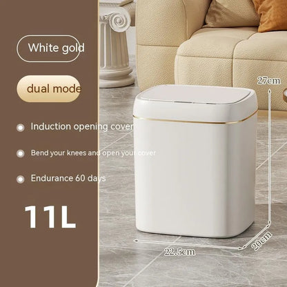 White smart induction trash can with automatic opening lid for kitchen or bathroom use